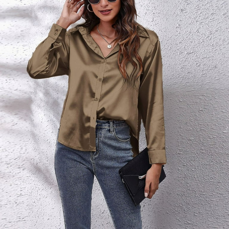 HAPIMO Discount Women's Fashion Shirts Lapel Collar Pullover Long Sleeve  Blouse T-Shirt Clothes for Women Solid Color Button Satin Tops Cozy Casual  Sweatshirt Khaki M 