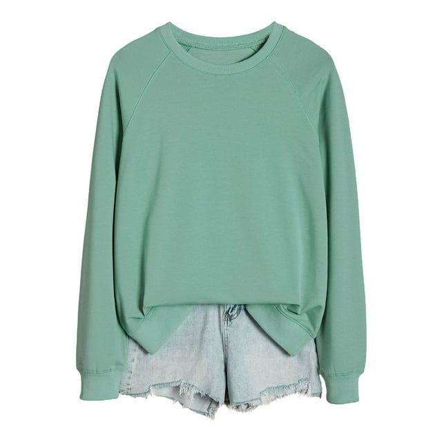 HNMKIU Chemises pour Femmes Chandail en Molleton pour Femmes Hauts Décontractés Raglan Manches Longues Col Rond Chandail Chandail en Molleton Décontracté Couleur Unie Hauts