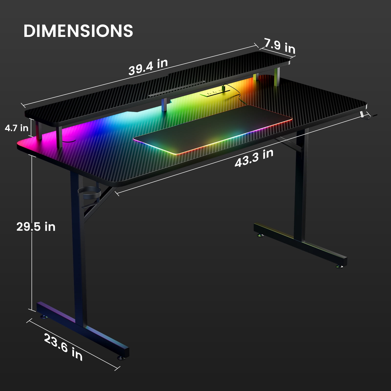 GTRACING Lumina Elite LED Gaming Desk with USB and Power Outlets, for Home and Office, Monitor Stand and Wireless Charging, Black