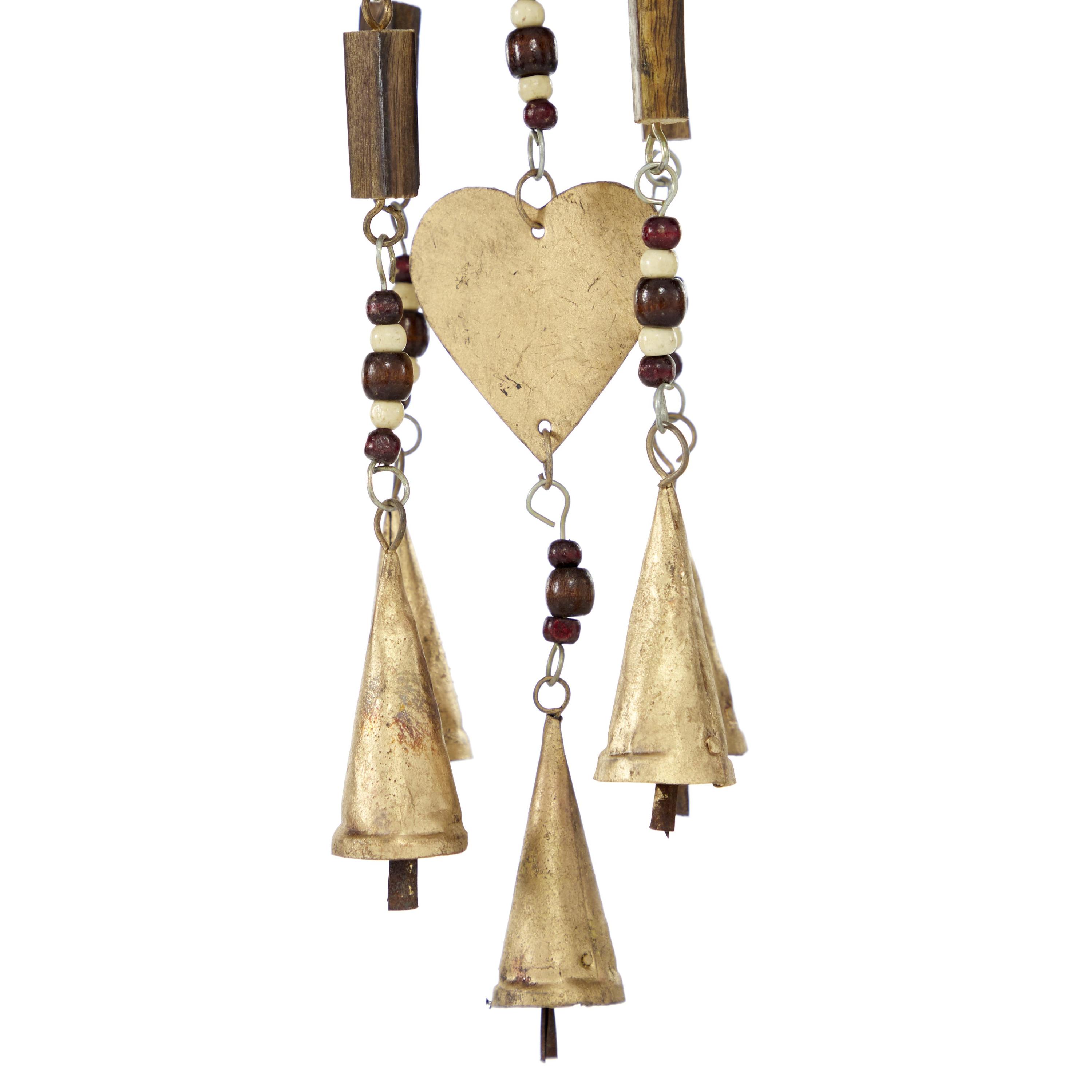 DecMode 33" Gold Metal Heart Windchime with Beads and Cone Bells