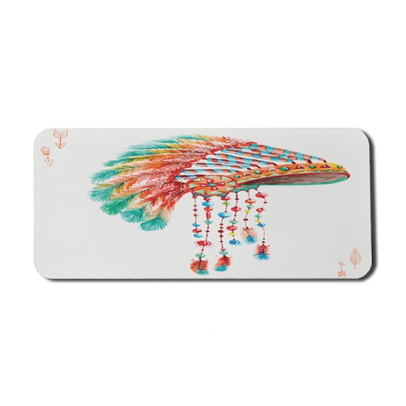American Computer Mouse Pad, Watercolor Tribal Native Chief Headdress with Feathers Beads Arrow Print, Rectangle Non-Slip Rubber Mousepad X-Large, 35" x 15" Gaming Size, Orange Blue, by Ambesonne