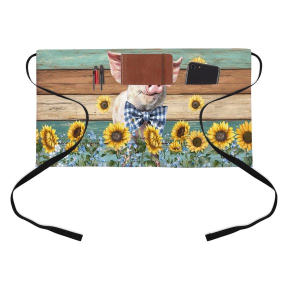 Farms Cute Pigs Kitchen Restaurant Half Waist Apron, Sunflower Brown Green Wood Striped Oil Painting Server Short Apron with 3 Pockets Waterproof Oil Waist Aprons for Women Waitress Waiter