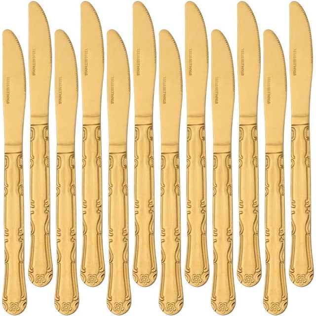 Dinner Knives, 12-piece Stainless Steel Dinner Knives, Butter Knives, Flower Edge Table Knives Classic Flatware Set, Knives for home, Kitchen or Restauran, 8.6 Inches -Gold