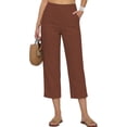 thumbnail image 4 of BODOAO Cotton and Linen Capri Trousers for Women Vacation Beach Pants Capri Length Everyday Casual Easy Care Loose Fit With Pockets Loungewear Elastic Waist Pants Breathable Summer Brick Red S, 4 of 9