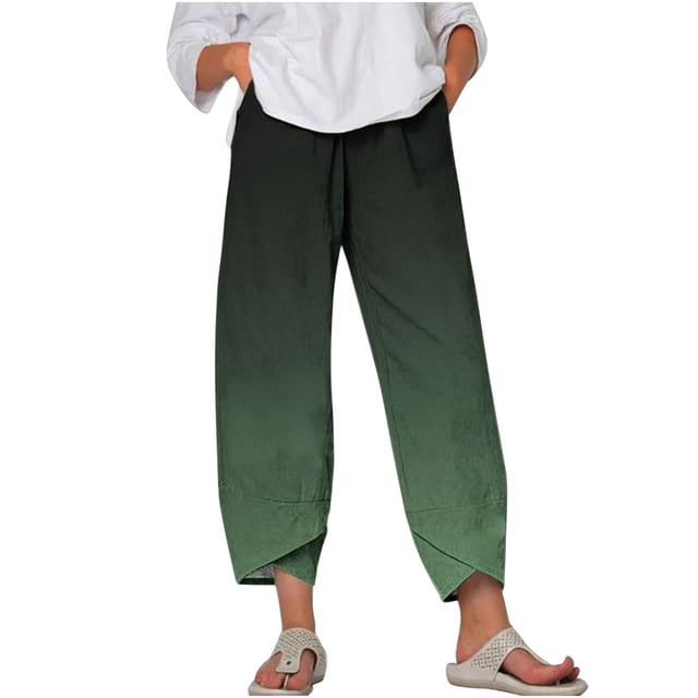 VEKDONE Womens Cotton Linen Long Pants Green L