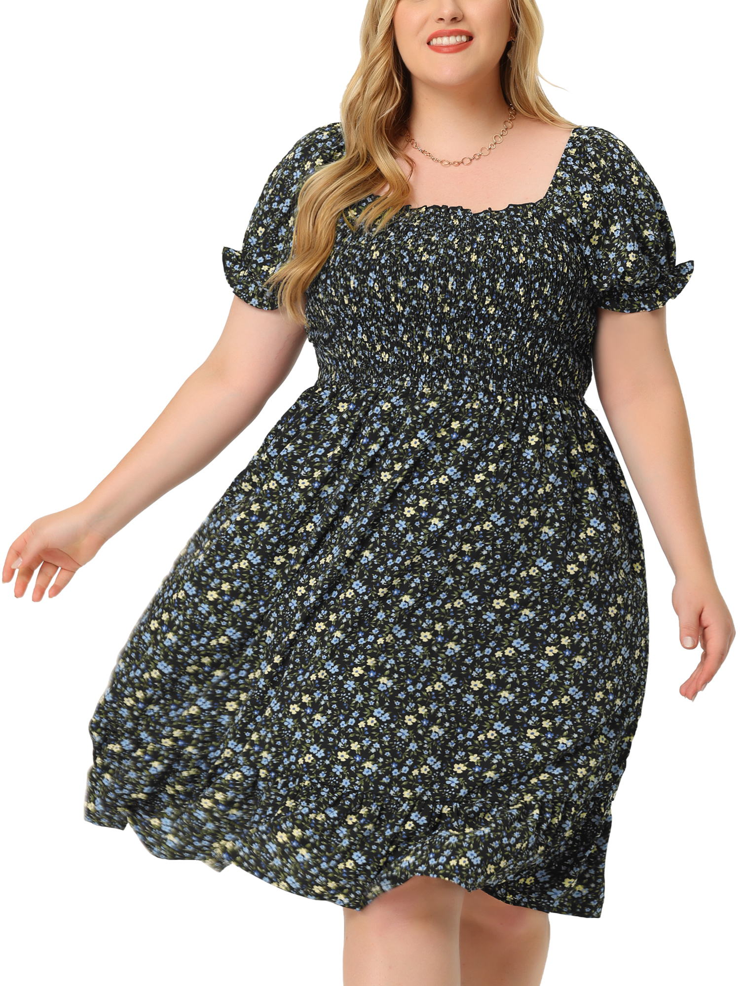 DARING DIVA Plus Size Flared Flowy Smock Ruffle Sleeve Floral Dress 3X Black