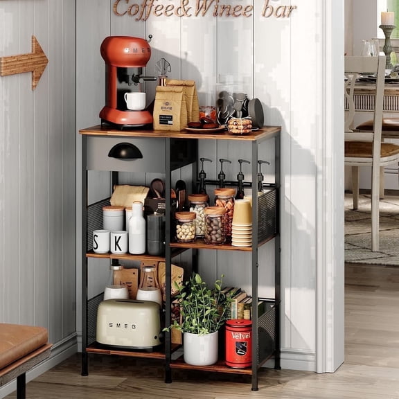 X-COSRACK Bakers Rack with Drawer, 5-Tier Coffee Bar Cabinet & Microwave Stand, Coffee Station Table for Small Kitchen Spaces, Rustic Brown