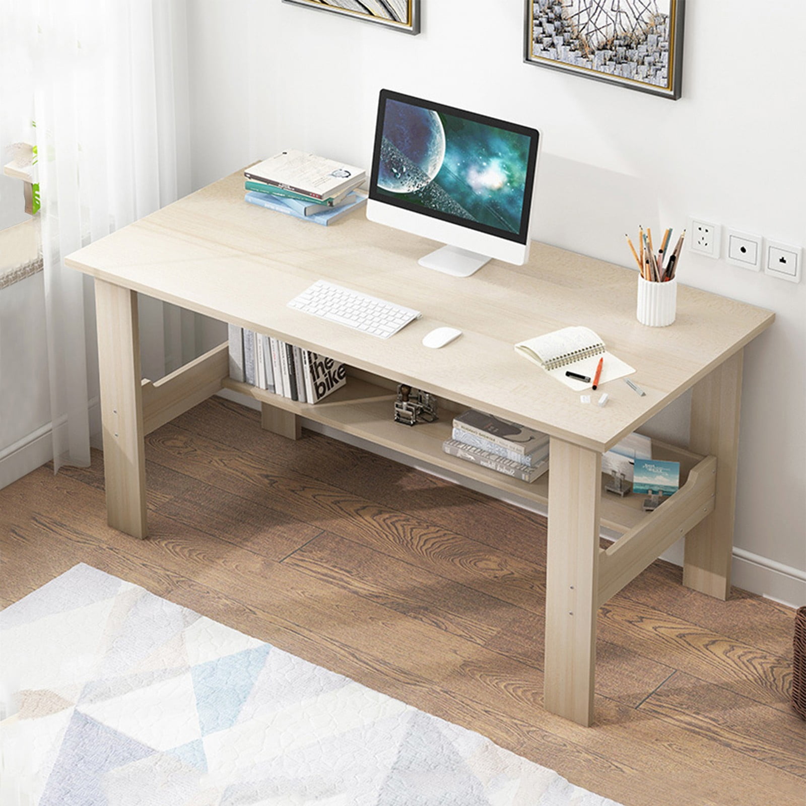 Wood Computer Desk Laptop PC Table Home Office Study Simple Workstation Shelves 
