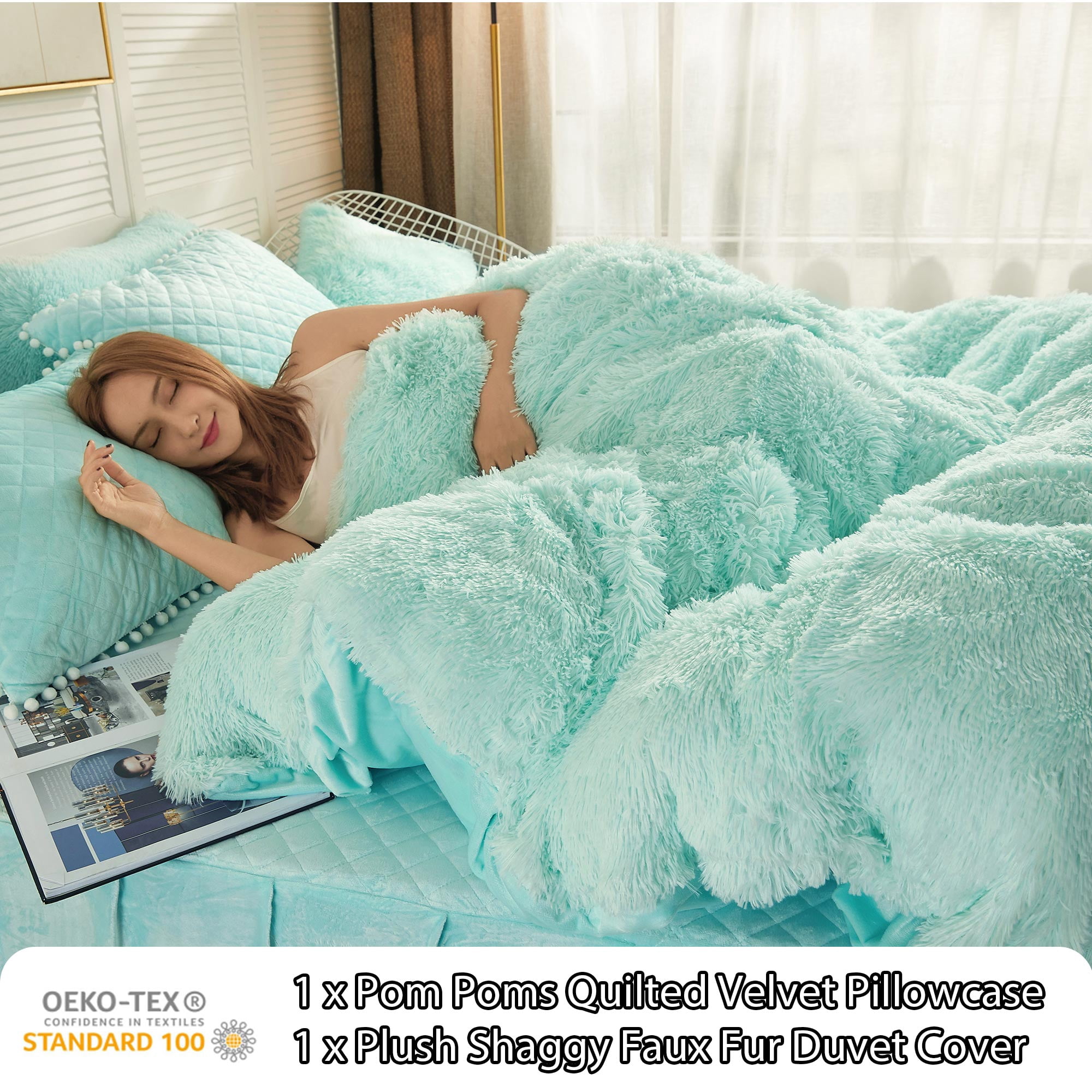 LIFEREVO 2 Pieces Luxury Plush Shaggy Faux Fur Duvet Cover Set(1 Fluffy Fuzzy Comforter Cover + 1 Pompoms Fringe Quilted Pillow Shams), Zipper Closure, Twin Size, Aqua