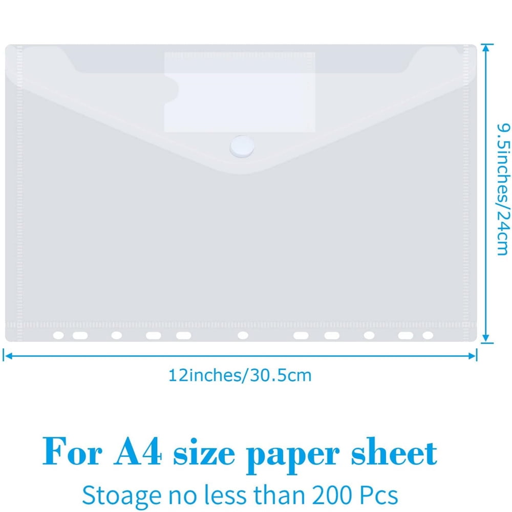 Set of 12 Transparent Document Folders,Plastic Binder Pocket with Snap Button and Lable,11 Holes Poly Filing Envelopes,A4 Size Expandable File Pouch,Home Work Office Organizer,Clear