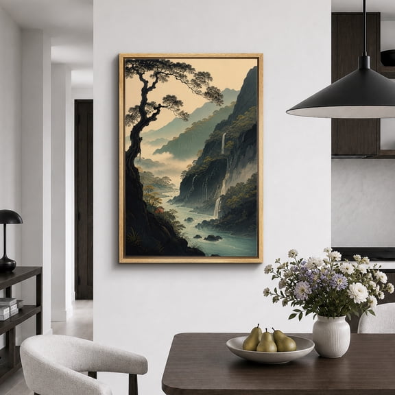 Framed Canvas Print Forest Waterfall Landscape Wall Art Nature Decorative for Living Room Bedroom - 16"x24" NATURAL Frame