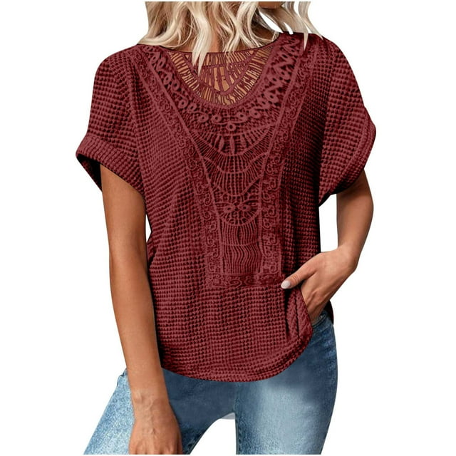 AherBiu Hauts pour Femmes Habillés Décontractés Crochet Creux Col Rond Manches Courtes Blouse Tricotée Confortable Chemises