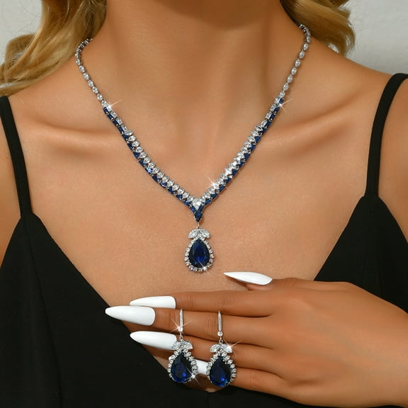 Sunyuer Wedding Jewelry Set for Bride, Elegant Exquisite Fashion Blue Zircon Water Drop Necklace Earrings Set for Women Party Wedding Accessories