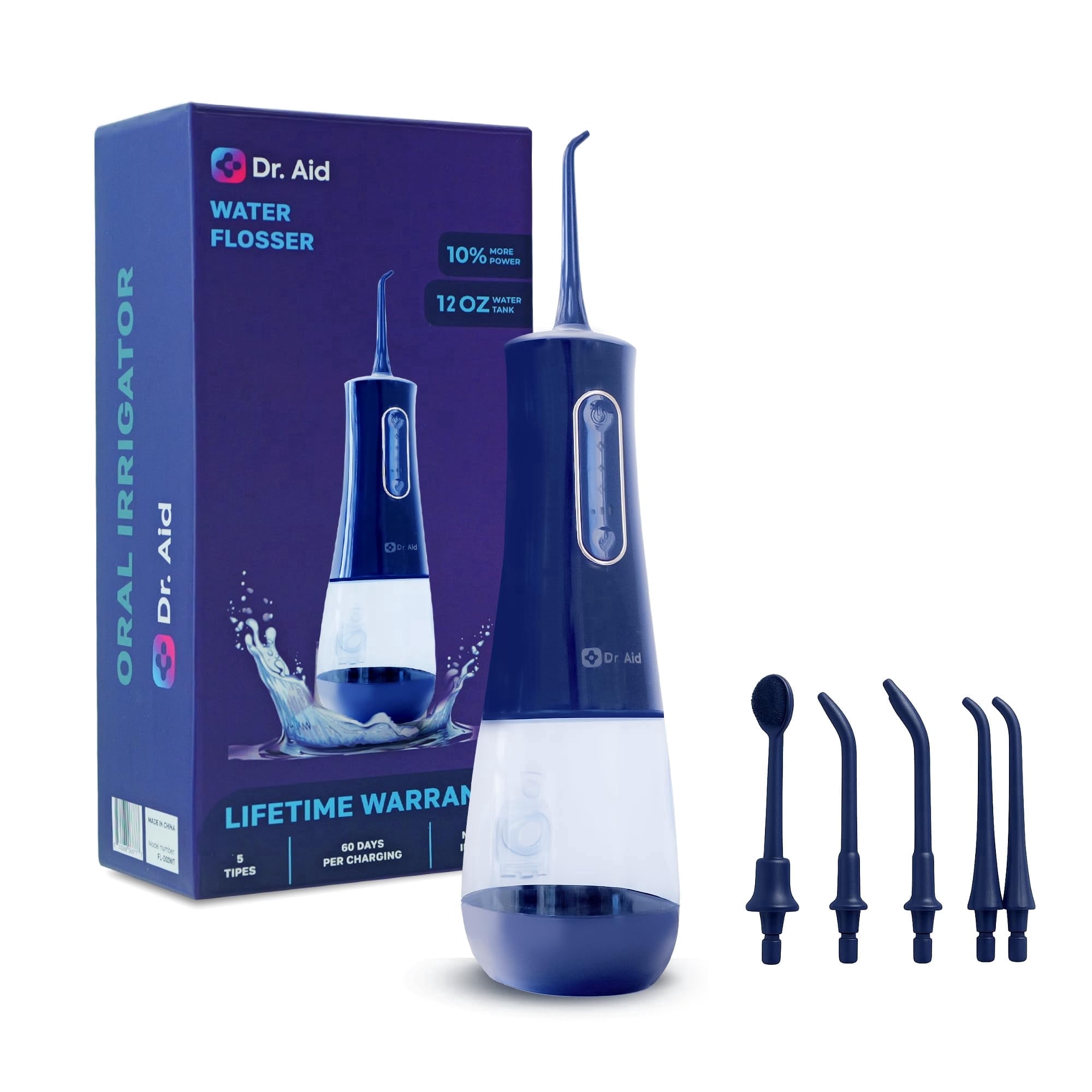 Dr. Aid Dental Water Flosser – Portable Oral Irrigator – 12Oz Tank, Water Filter, 5 Tips, Type C Charger – IPX8 Waterproof Cordless Water Flosser, Ideal Water Flossers for Teeth, Gums, Braces (Blue)