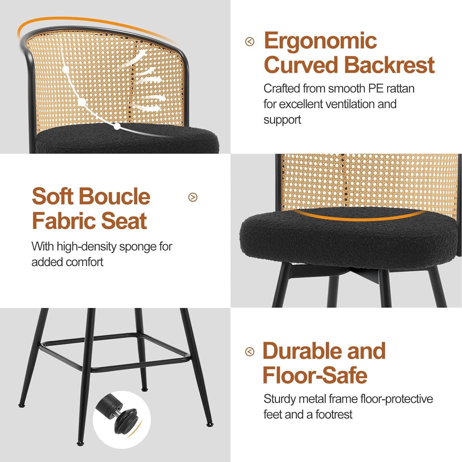 Foreate Cane Swivel Barstools Set of 2, 26" Seat Counter Height w/ Rattan Mid-Back Metal Legs, Upholstered Boucle Fabric Modern Armless Bar Stools Chairs for Kitchen Island Pub