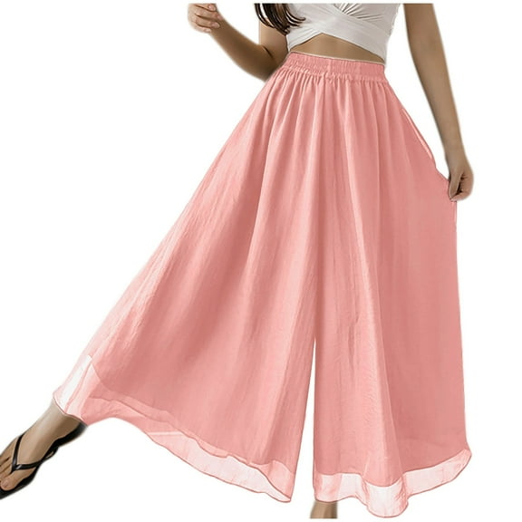 lulshou Wide Leg Pants Woman, Women's Double Layer Wide Leg Pants Flowy Loose Fit Casual Style Trousers for Summer, M