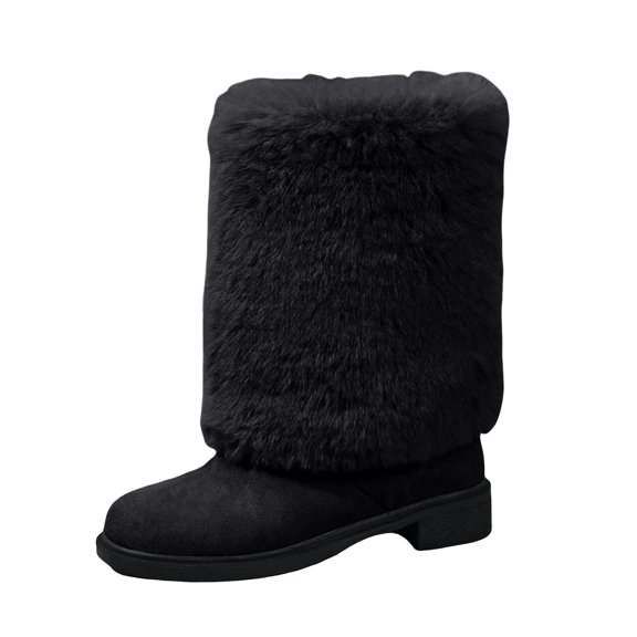 hopeusnice Round Toe Faux Fur Lined Mid Calf Snow Boots Women Suede Warm Boots for Winter Black 36