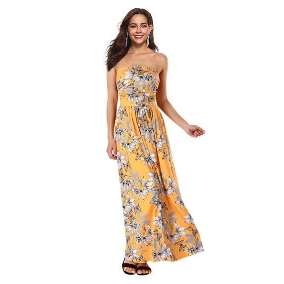 HA-EMORE Dress for Women Wrapped Strapless Waist Pleated Long Printed Vacation Dress