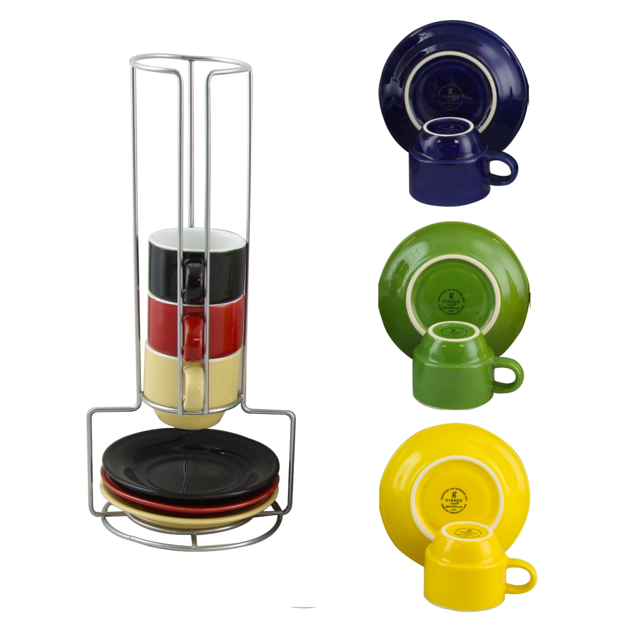 Gibson Home Sensations 13 Piece Stoneware Espresso Set with Wire Rack in Assorted Colors