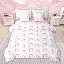 Feelyou Cute Princess Bow Bedding Comforter Set 7pcs for Child, Kawaii Ribbon Pink Queen Bedding Sets, Cartoon Love Heart Reversible Queen Sheet Sets, Microfiber Bedroom Decor