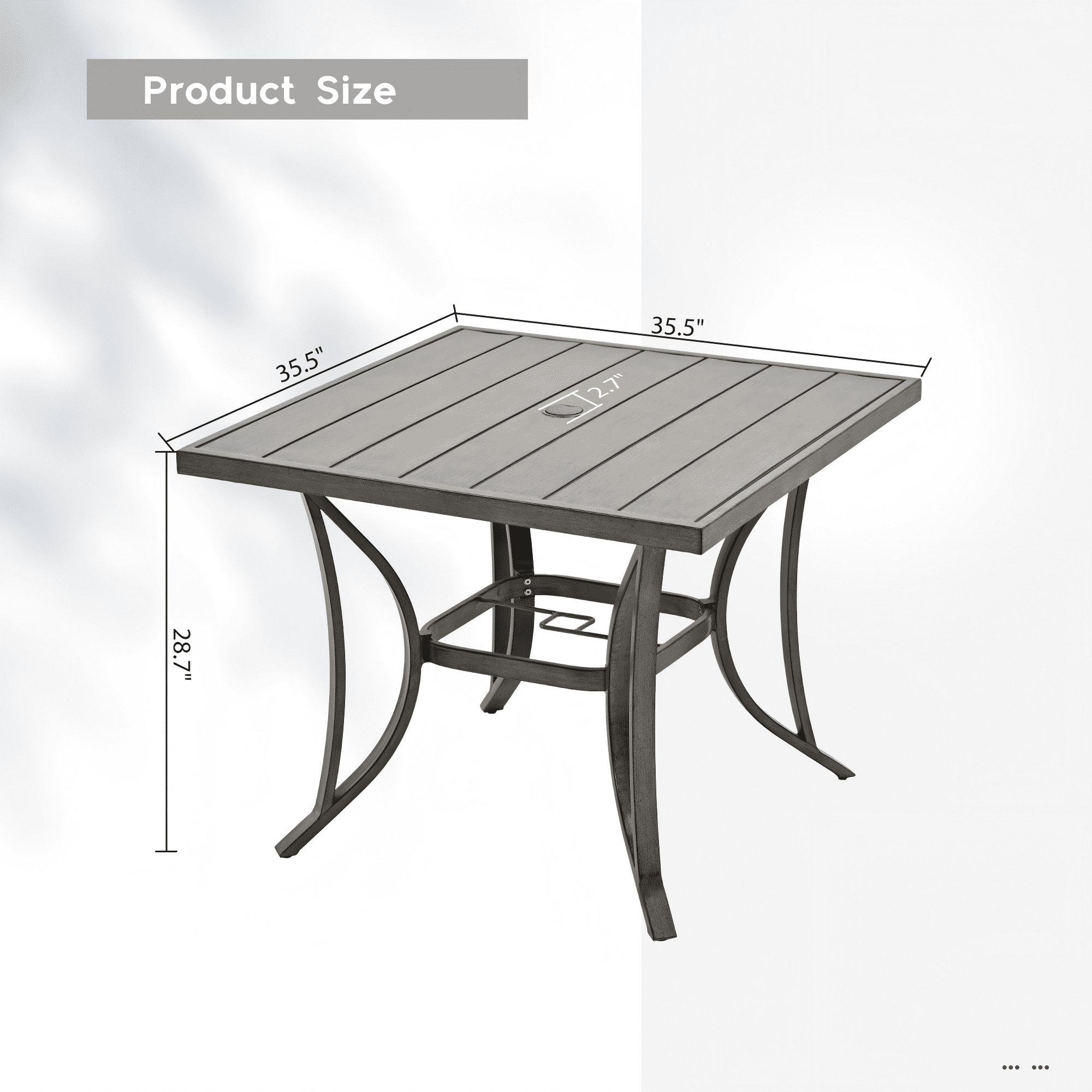 Square Outdoor Dining Table Aluminum Slat Patio Table for 4 with Umbrella Hole All Weather for Backyard Garden Deck Poolside, Gray