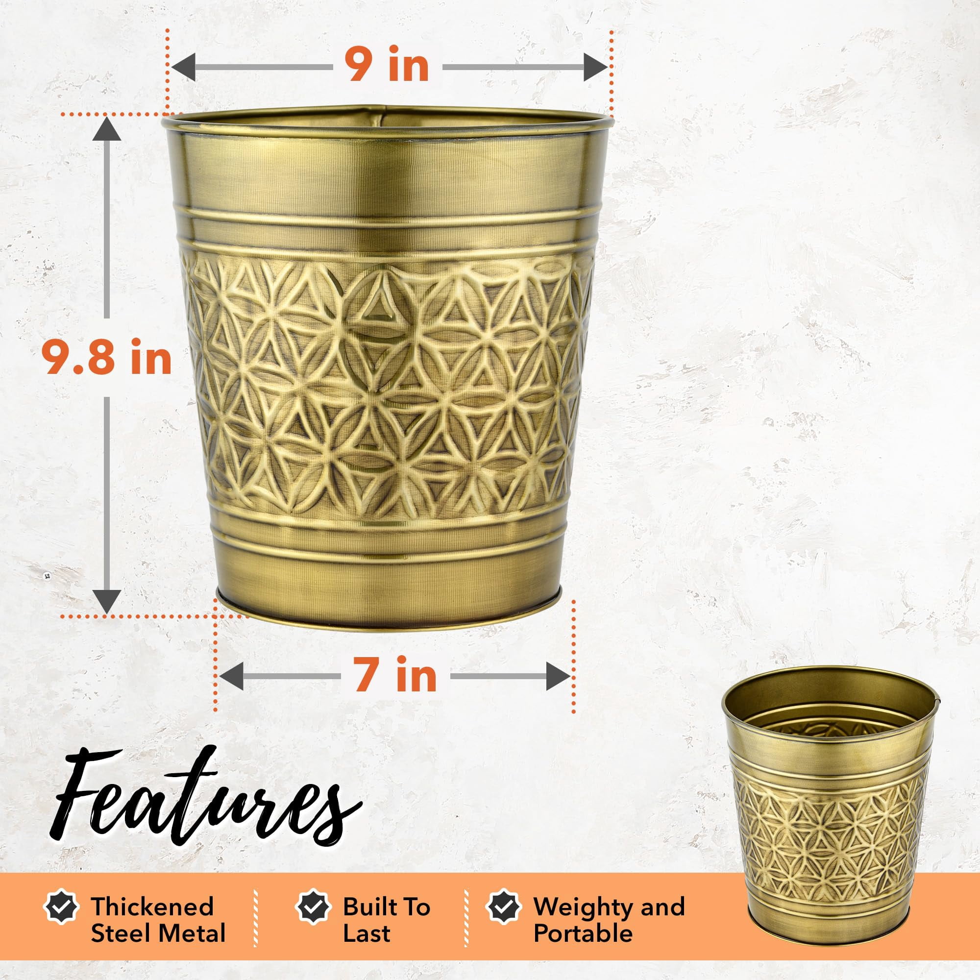 Autumn Alley Handcrafted Brass Bathroom Trash Can, Round Open-Top Bathroom Wastebasket Stylish Metal Waste Bin for Home, Office, Bedroom Decorative Waste Basket Decor, Coastal Trash Can Brass, 2 Gal.
