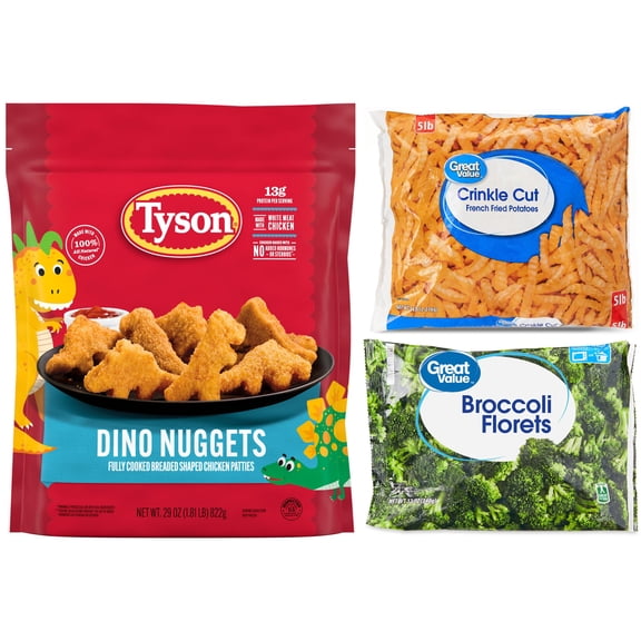 Tyson Dino Chicken Nuggets, 29 oz, Great Value Crinkle Cut French Fried Potatoes, 80 oz Bag (Frozen) and Great Value Frozen Broccoli Florets, 12 oz Steamable Bag