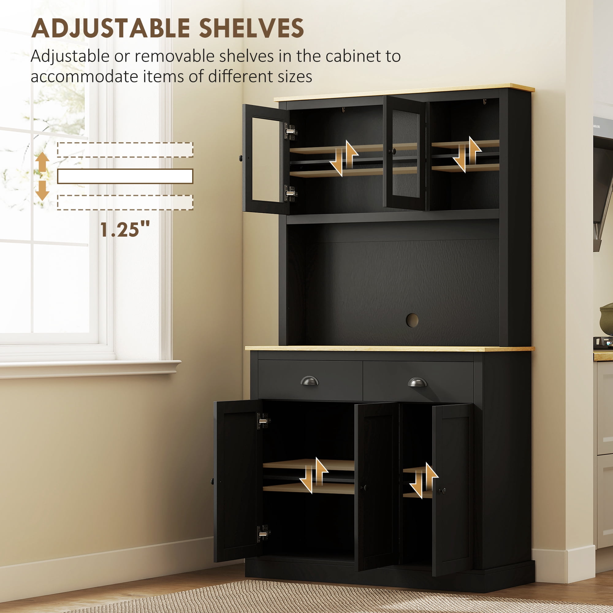 HOMCOM Freestanding Kitchen Cabinet with Wide Countertop, Tall Pantry Cabinet with Adjustable Shelves, Modern Hutch for Dining Room, Black