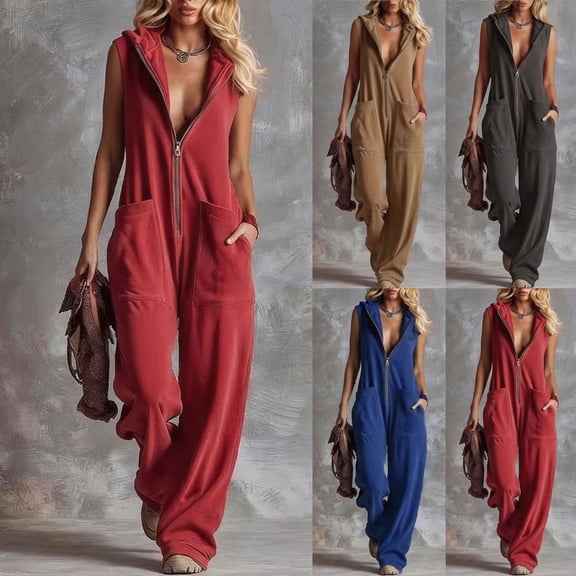 Women's Hooded Jumpsuit, Long Sleeve Front Zipper Romper with Pockets, Wide Leg Casual One Piece Outfit, Retro Sporty Streetwear and Loungewear-Blue
