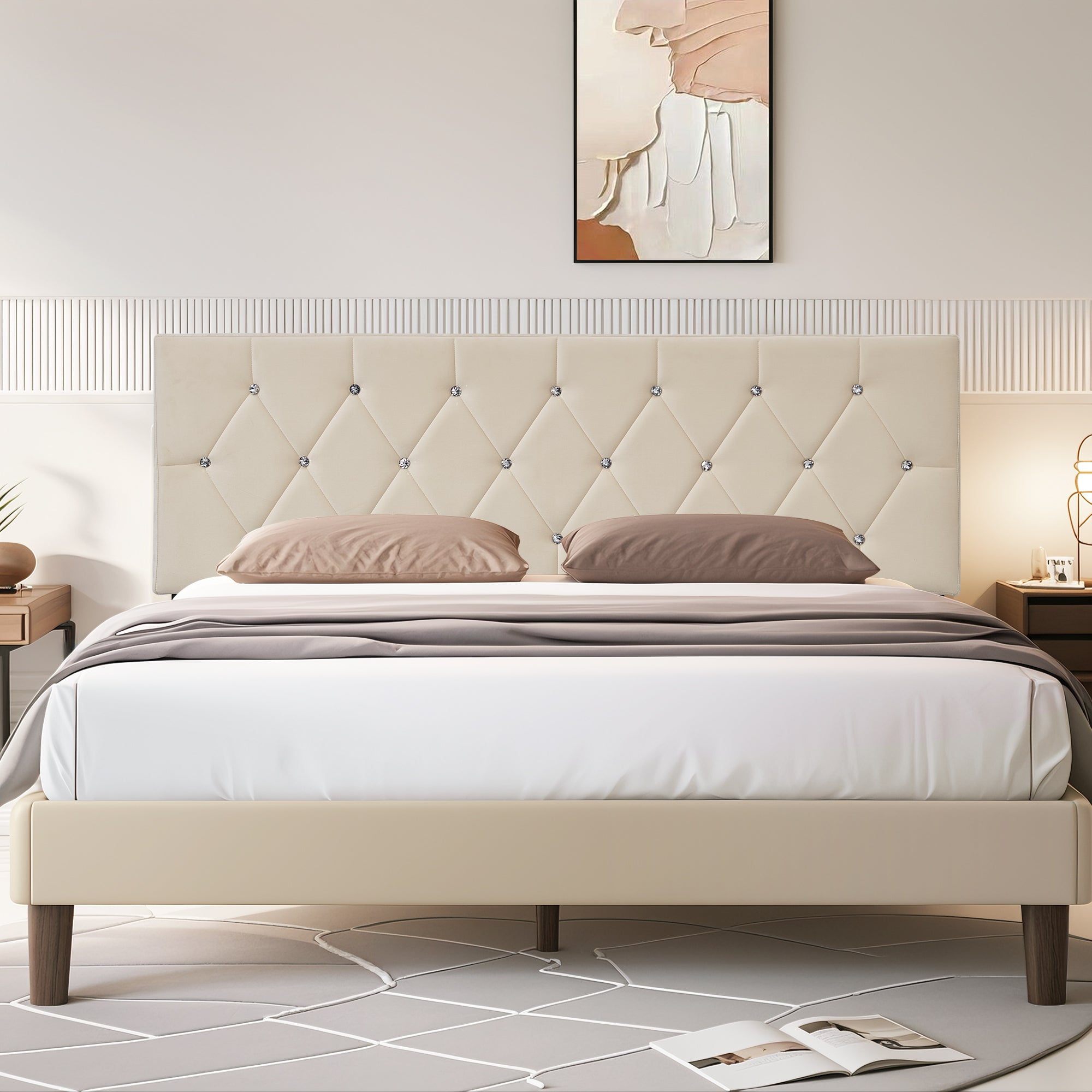 VECELO Queen Upholstered Headboard, Mid-Rise Diamond Tufted Adjustable Headboard from 39.8" to 49.8", Easy Assembly, Beige