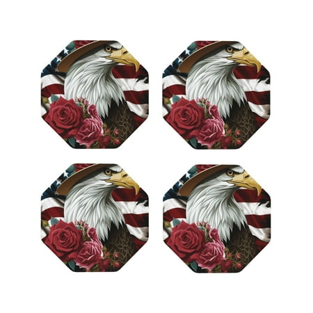 

Lukts Eagle With Hat And Roses Print Leather Drinks Coasters Set of 4 Suitable or Drinks Furniture Protection and Easy Clean up-Octagon
