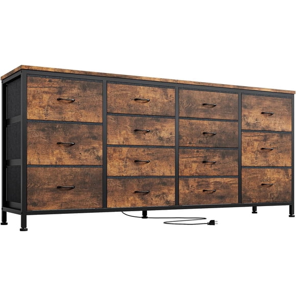 Commode à 14 Tiroirs, Commode en Tissu de 63 Po Meuble Télé avec Prise de Courant pour Télé de 65 70 75 Po, Long Centre de Divertissement pour Chambre, Garde-Robe, Salon, Entrée