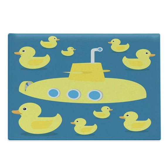 Rubber Duck Cutting Board, Duckies Swimming in the Sea a Submarine Party Nautical Print, Decorative Tempered Glass Cutting and Serving Board, Large Size, Navy Blue, by Ambesonne