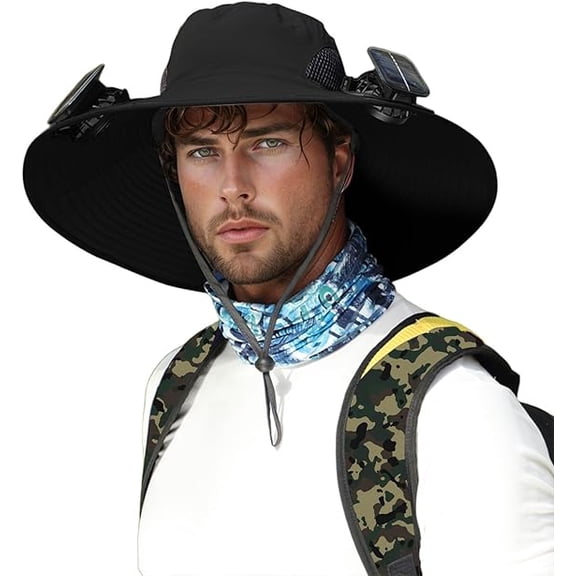 Generic Wide Brim Sun Hat with 2 Solar Fans, UPF 50 Protection for Fishing Beach Camping