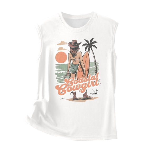 Womens Summer Tops T Shirts Sleeveless Graphic Print Casual Crew Neck Summer Tees