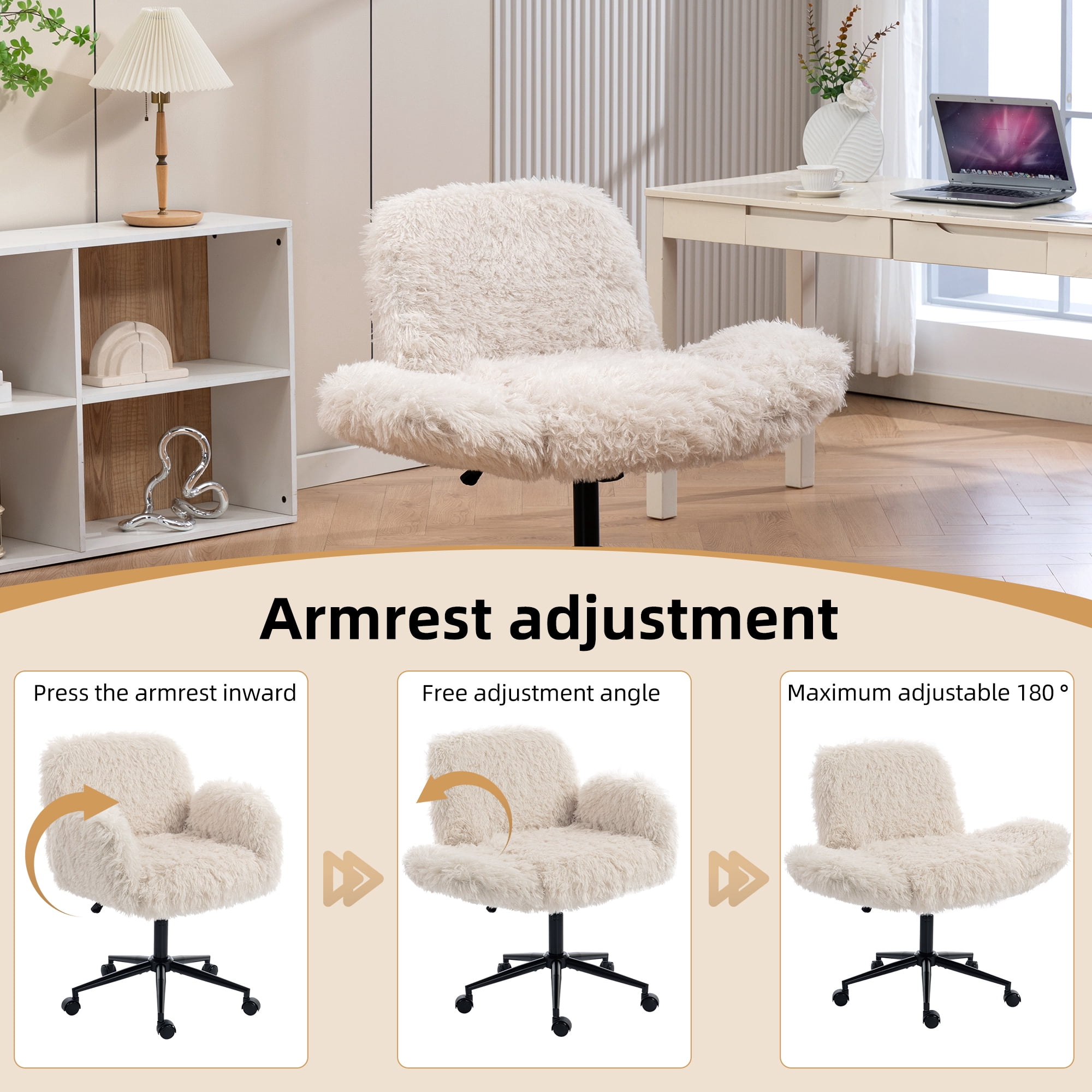 Jopath Criss Cross Chair with 5-Gear Adjustable Armrests and Wheels, Ergonomic Thickened Backrest Swivel Desk Chair for Home Office Vanity Bedroom and Living Room Beige Lamb Wool