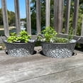 thumbnail image 2 of Rustic Metal Planters, Set of 2, Floral Pattern, White Washed Finish, Metal, Cache Pot Jardinieres, Distressed Grey Finish, 14.5 and 12.5 Diameter, 2 of 6