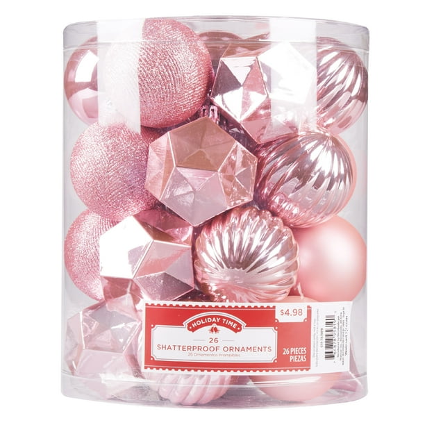 Holiday Time Shatterproof Ornaments, Pink, 26 Count