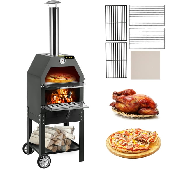 VEVOR Outdoor Pizza Oven,12" Wood Fire DIY Portable Pizza Maker with Waterproof Cover,2-Layer Pizza Oven and Pizza Stone, Steel Pizza Grill w/ 2 Removable Wheels,Wood Fire Pizza Grill for Barbecue.