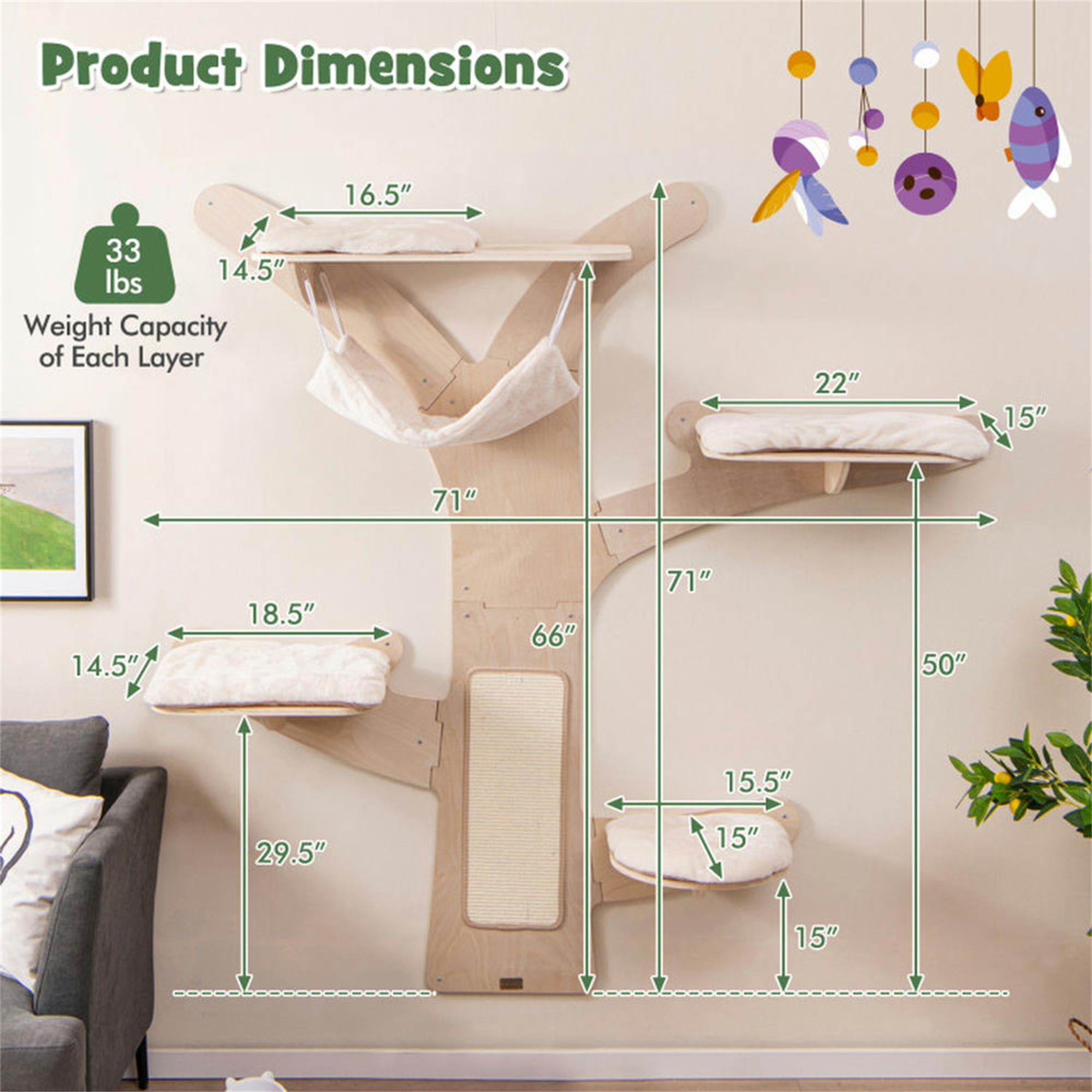 Kadyn 71" Wall Hanging Cat Tree Tower, Mounted Vertical Cat Climber Shelves with Hammock Platforms and Sisal Scratching Mat for Indoor Cats, Beige