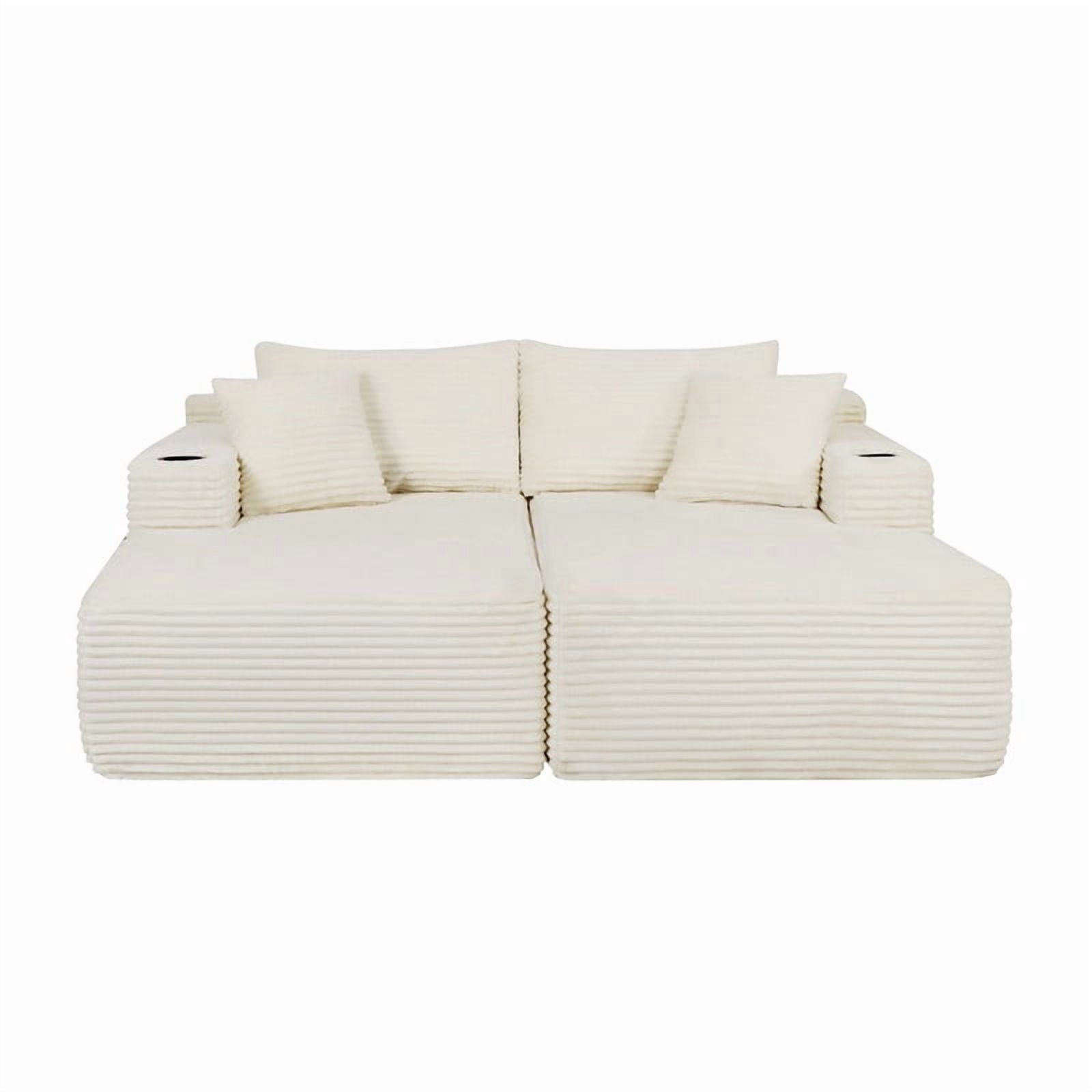 2-Seater Double Chaise Lounge, Deep Seat Upholstered Floor Couch, Boneless Loveseat Sofa with Cup Holder & Storage Pocket