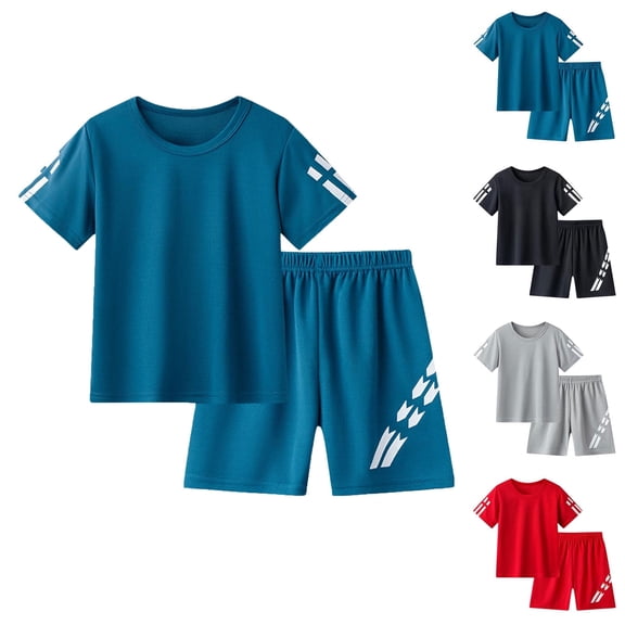 BCSIOAOI Boys Matching Sets,Short Sleeve Top & Graphic Print Shorts Sport Outfit Blue 7-8 Years