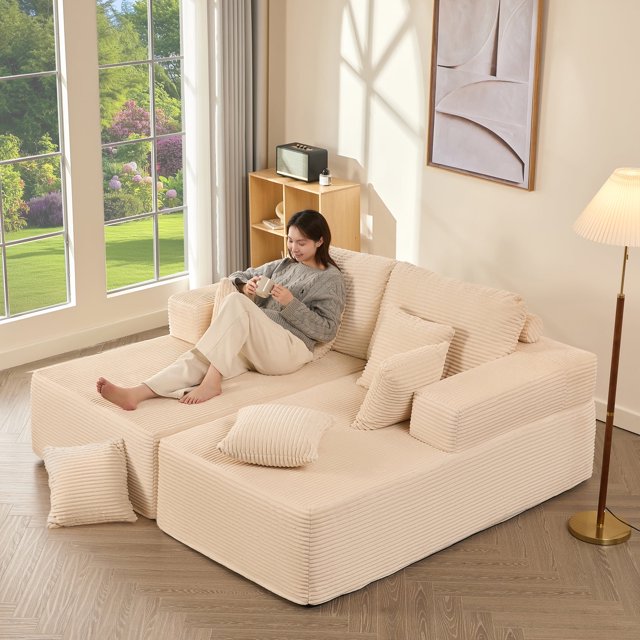 BIGSYY Chaise Longue Sans Accoudoirs Convertible pour Adultes, Chaise de Lecture, Velours Côtelé, Blanc (2 Colis)