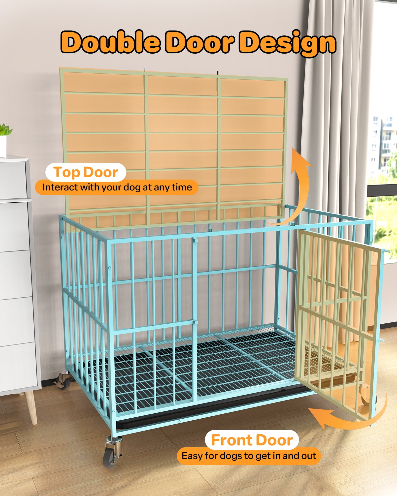TIME RAY 48 Inch Heavy Duty Indestructible High Anxiety Dog Crate Cage for Large Dog with Steel Escape Proof, Double Doors,Lockable Wheels and Removable Tray,Blue