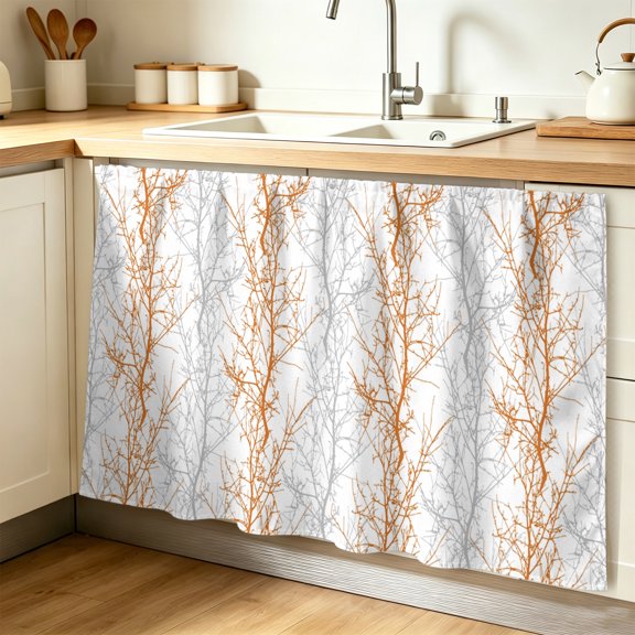 Orange Gray Cabinet Curtain 32"Wx55"L, Dustproof Pantry Door Curtain with Self Adhesive Tape, Pastoral Botanical Branch Aesthetics Tall Storage Cover Privacy Drape for Bathroom Kitchen Laundry Room