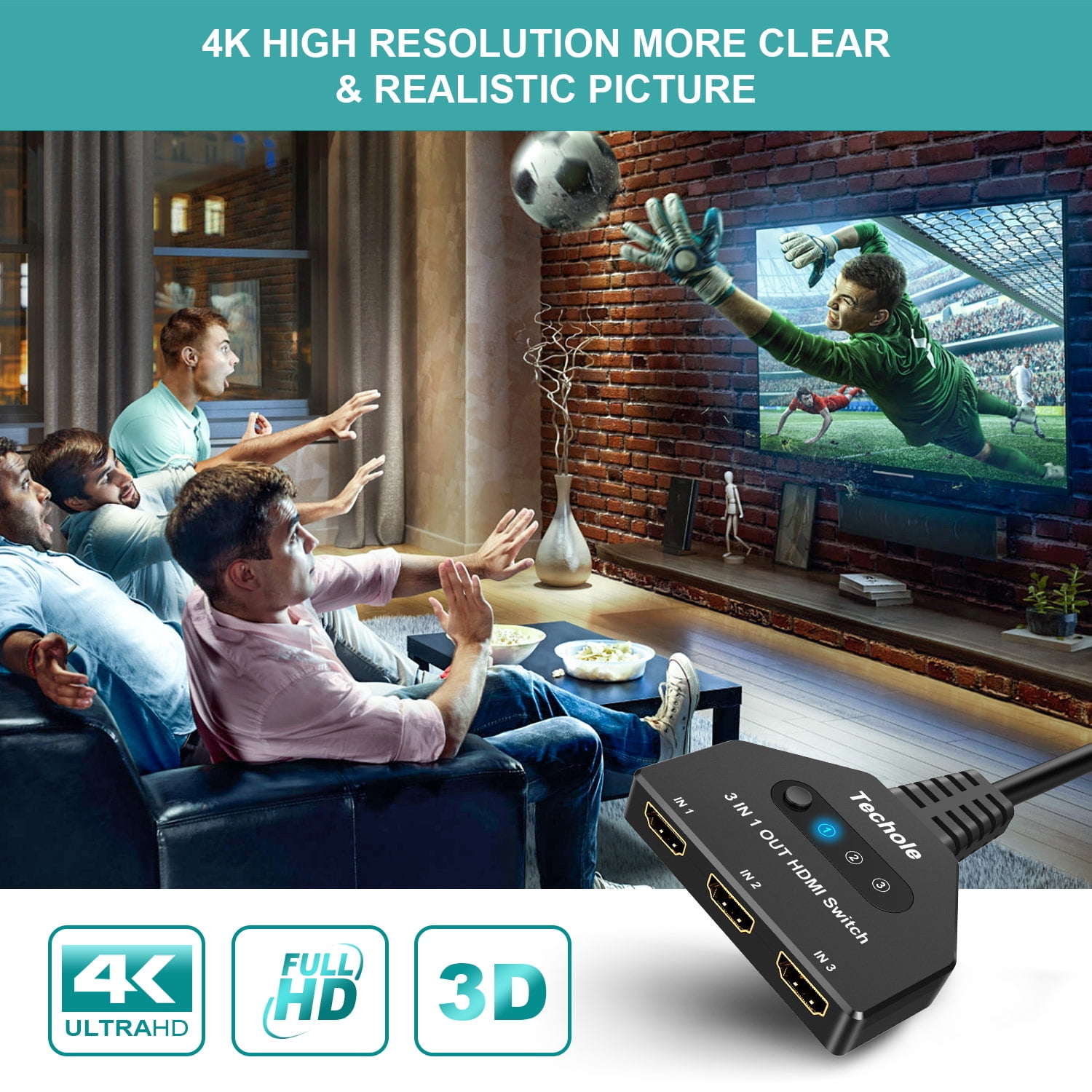 Switch 4K Techole HDMI Umschalter Automatische/Manuell Vergoldet HDMI Switcher 3 In 1 Out HDMI Switch Unterstützt 4K/3D/UHD/HD/1080,3-Port HDMI Umschalter 4K Für HDTV PS4 Xbox One Roku Apple TV 