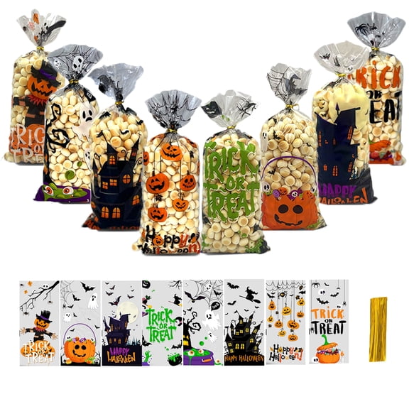 Halloween Cellophane Treat Bags - 160 Pcs Trick or Treat Candy Gags with Twist Ties, 8 Styles Goodies Bags for Party Favors
