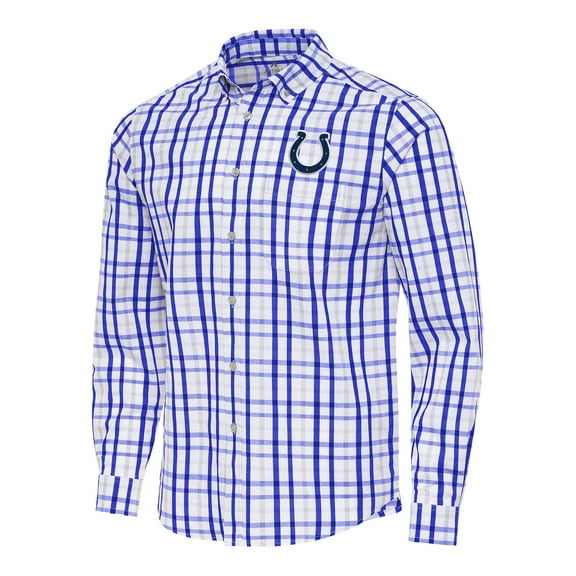 Men's Antigua Royal/Gray Indianapolis Colts Tending Woven Tri-Blend Long Sleeve Button-Down Shirt