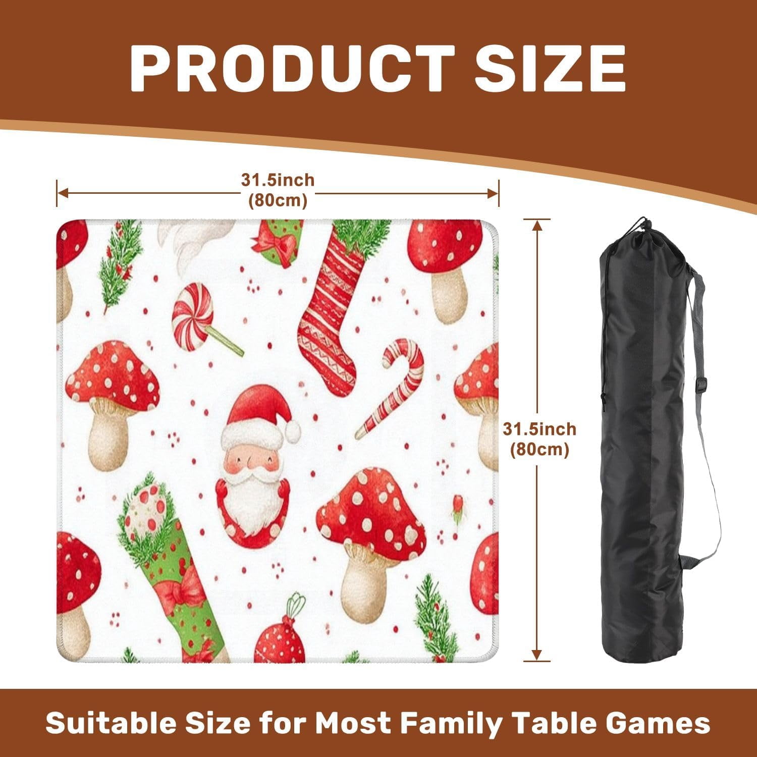 Mahjong Mat 31.5" x 31.5" Seamless Festive Watercolor Featuring Santa Claus Candy Canes Non-Slip Noise Reduction Mahjong Tiles Table Cover for Dominoes Poker Card Board and Tile Games