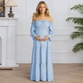 thumbnail image 5 of Gyujnb Lightweight Flowy Boho Maternity Tiered Maxi Dress Off Shoulder Ruffle Neck Long Bubble Flare Sleeve Smocked High Waist Elegant Gown for Pregnancy Photoshoot,M, 5 of 9
